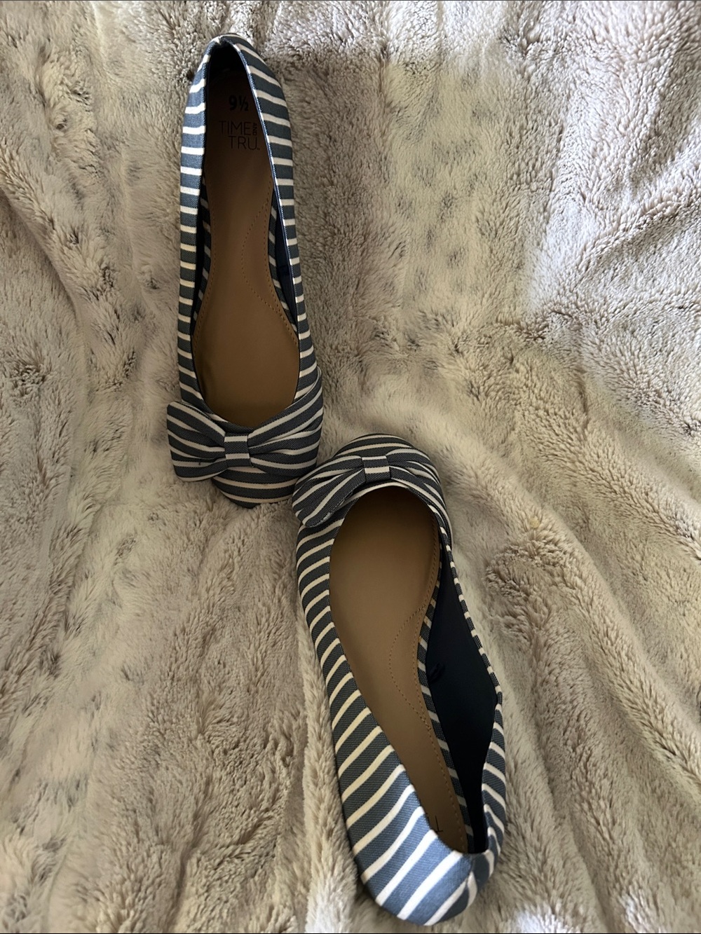 Time and Tru Navy and White Striped Bow Flats